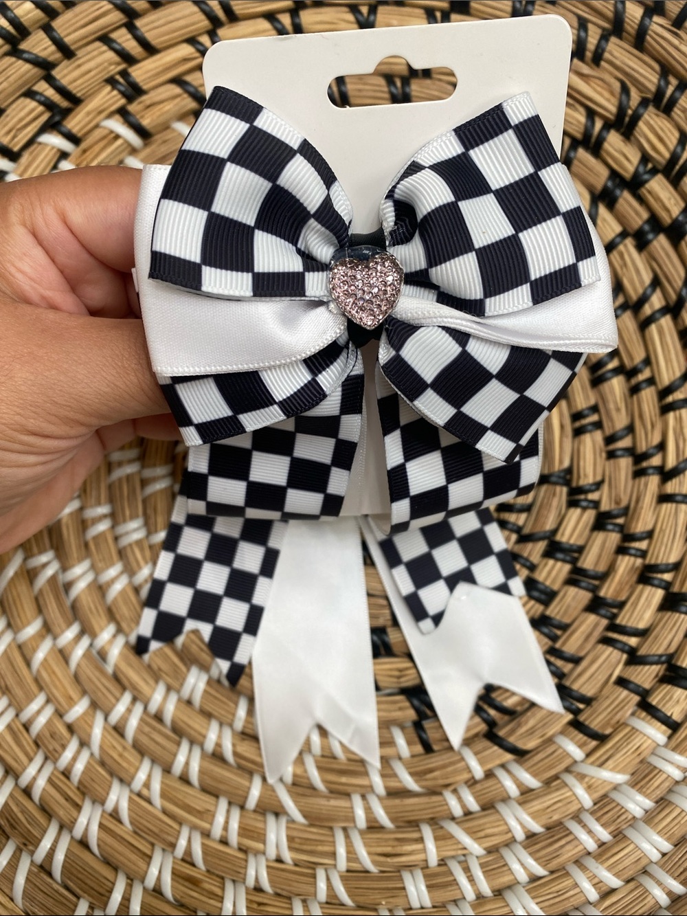 Black & White Checkered Ribbon Bow with Satin Tails - Hand crafted - Picture 3 of 4